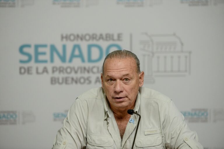 Sergio Berni habla durante una reunión de la comisión de Seguridad en el Senado bonaerense