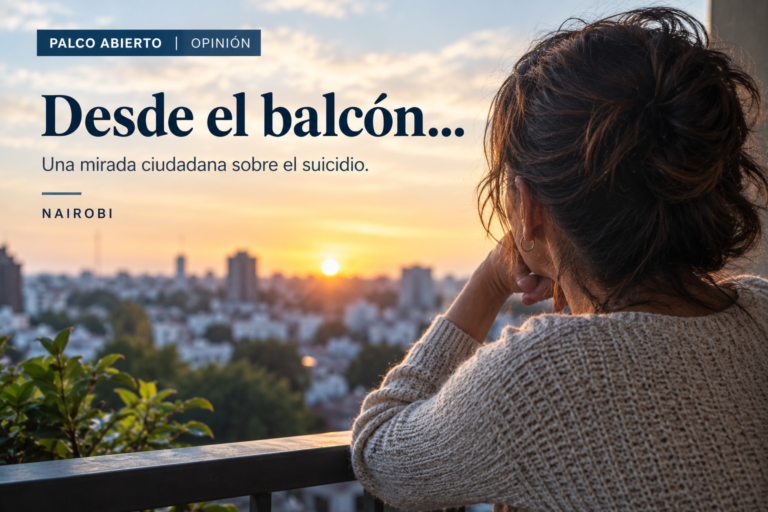 Mujer adulta observa la ciudad desde un balcón en una columna de opinión sobre salud mental y suicidio.