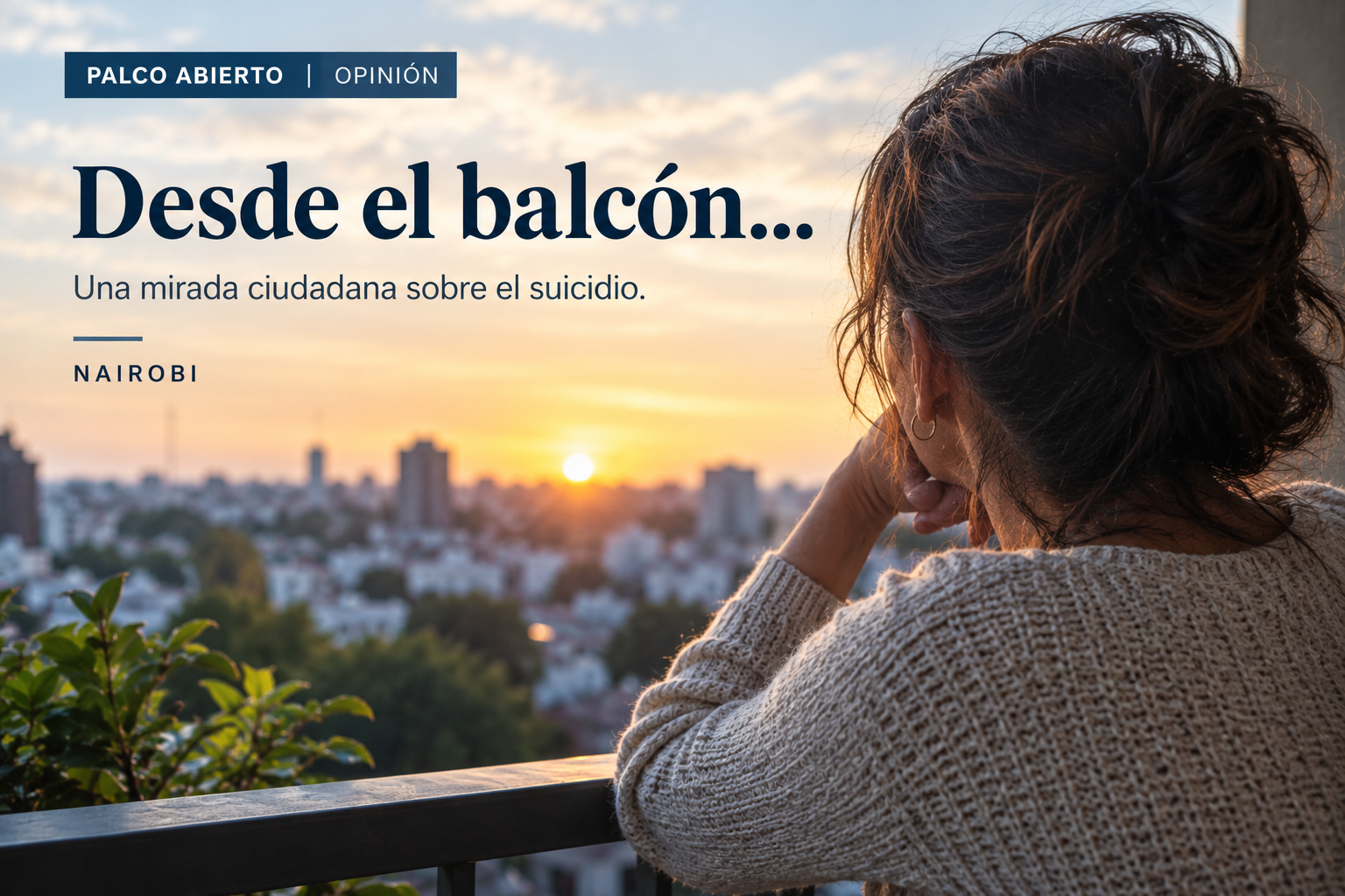 Mujer adulta observa la ciudad desde un balcón en una columna de opinión sobre salud mental y suicidio.